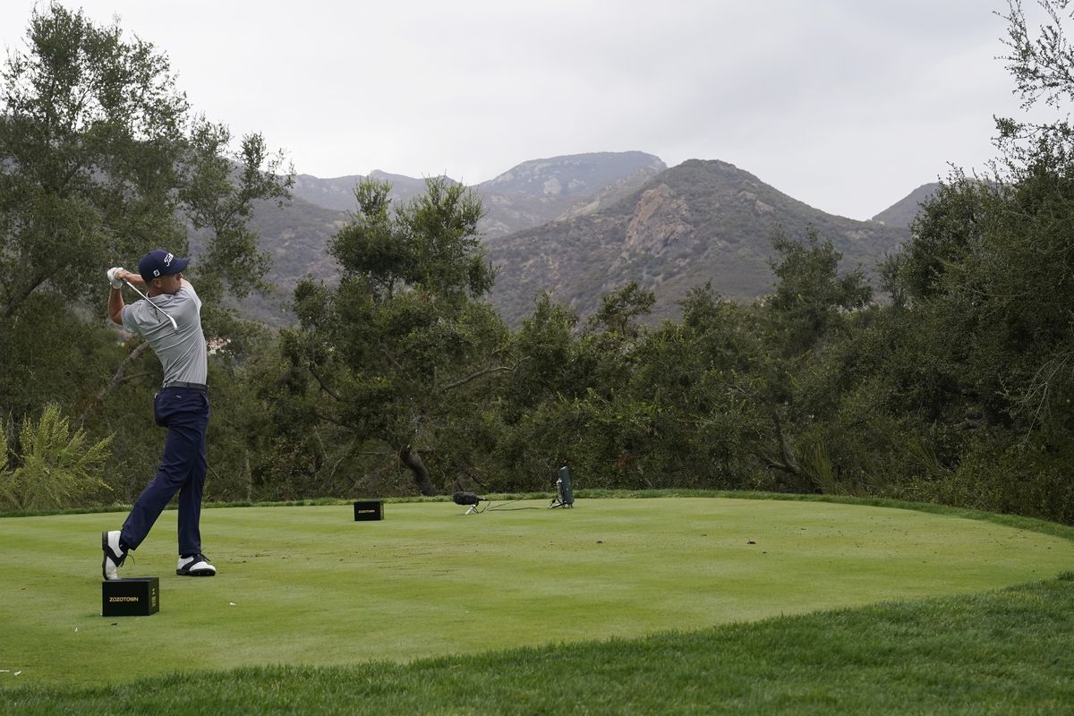 Justin Thomas hits from the ninth tee during the second round of the Zozo Championship golf tournament Friday, Oct. 23, 2020, in Thousand Oaks, Calif.  (Associated Press)