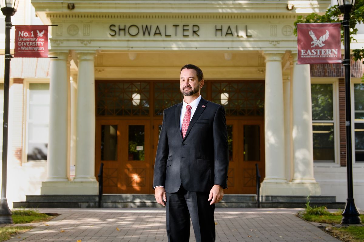 David May, EWU’s interim president poses for a photo on Wednesday, Oct. 7, 2020, outside Showalter Hall on EWU’s campus in Cheney, Wash.  (Tyler Tjomsland/THE SPOKESMAN-REVIEW)