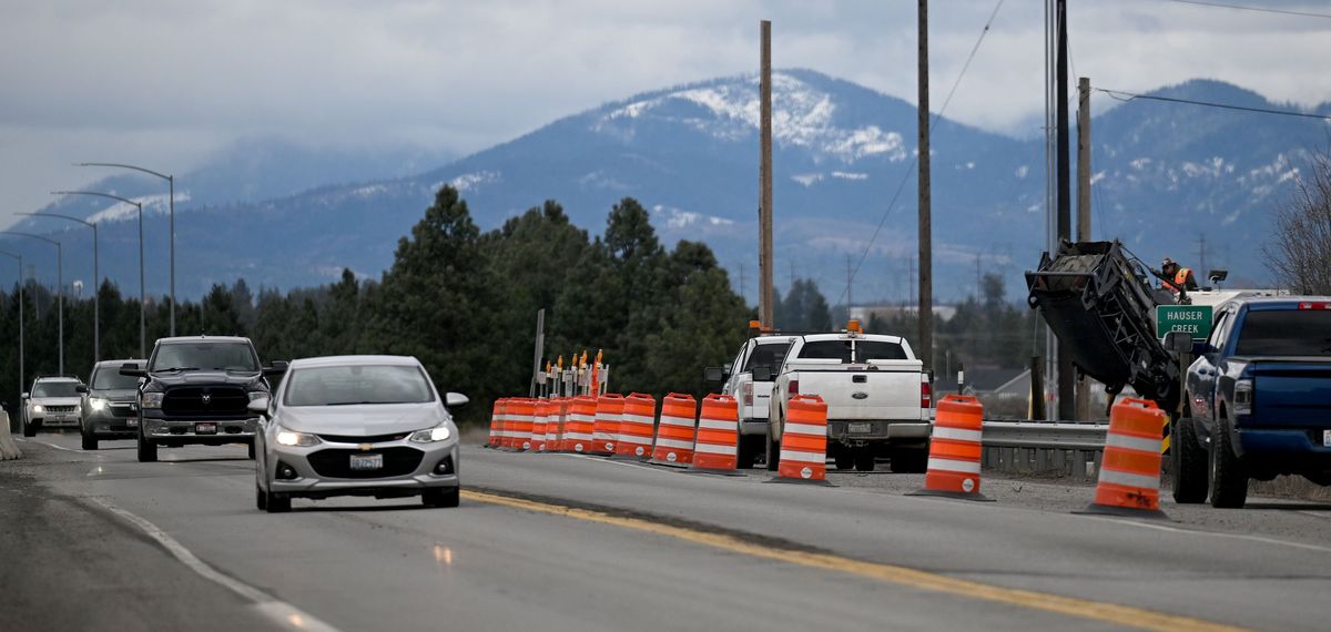 Pleasant View Rd is closed as construction continues for the new interchange at Highway 53 in Hauser on Friday, March 21, 2025. (Kathy Plonka/The Spokesman-Review)