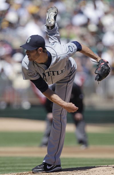 Mariners starter Doug Fister allowed two earned runs on eight hits over 52/3 innings. (Associated Press)
