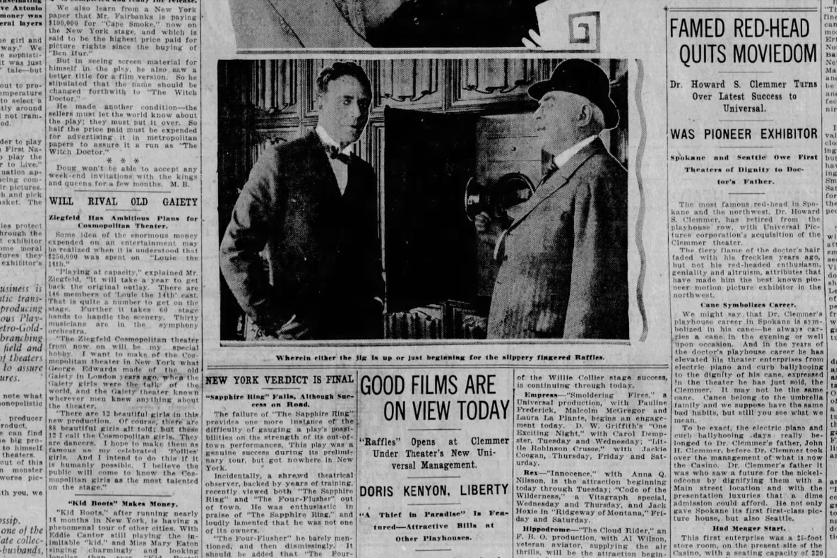 The Clemmer Theater (now Bing Crosby Theater) had just been acquired by Universal Pictures, and Dr. Howard S. Clemmer (or "famed red-head" as the Spokesman-Review headline called him on May 10, 1925) was now retiring from the motion pictures business. Clemmer was the son of the theater