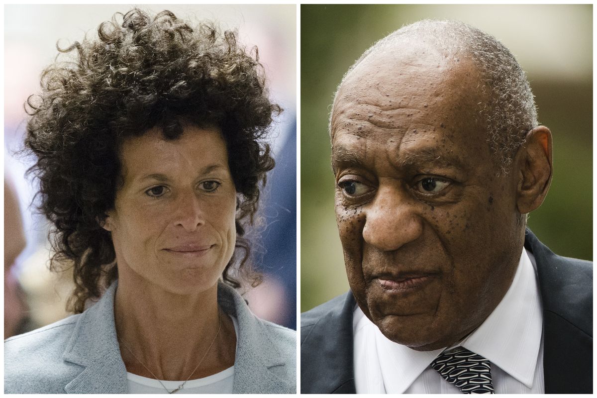 FILE - This combination of file photos shows Andrea Constand, left, walking to the courtroom during Bill Cosby