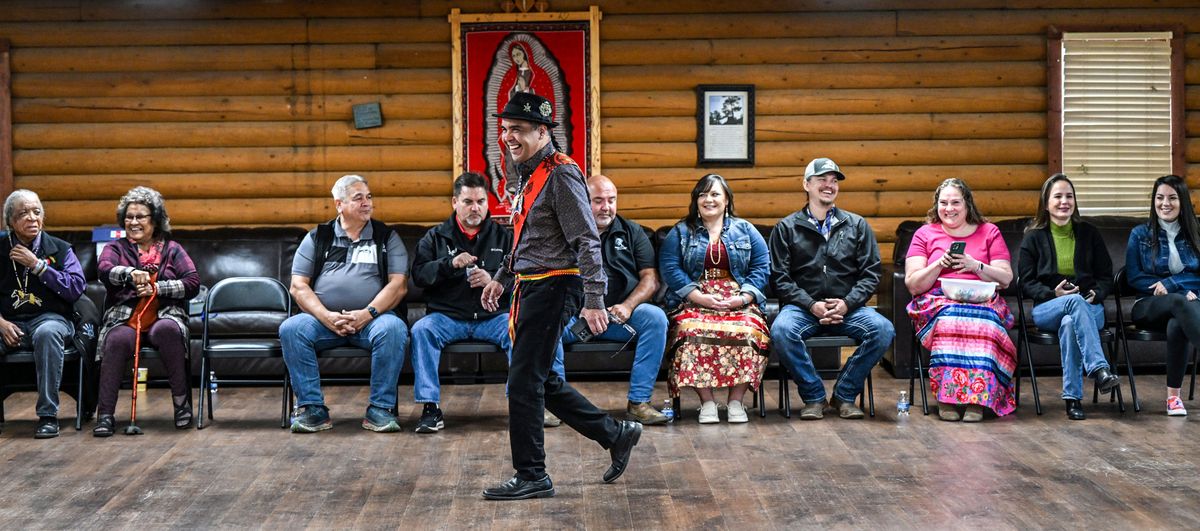 Sulustu (Barry Moses) engages the Spokane Tribe council and elders gathered for an inaugural ceremony for the Salish N 3 pilot language program, Monday, Oct. 23, 2023 at the Wellpinit Longhouse.  (DAN PELLE/THE SPOKESMAN-REVIEW)