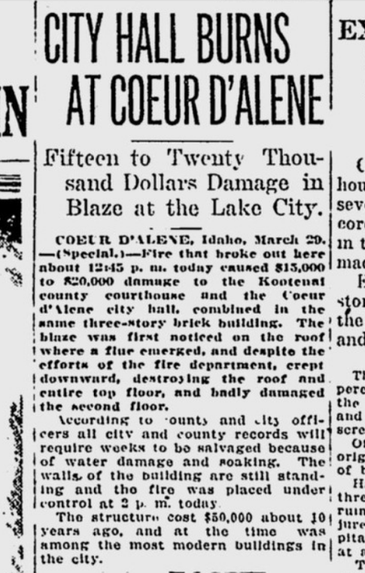 A fire at city hall in Coeur d’Alene made front-page news in The Spokane Daily Chronicle on March 29, 1921.  (S-R archives)