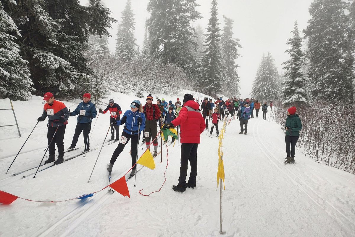 The third wave of participants begins the 43rd annual Langlauf Ski Race at Mount Spokane State Park on Sunday.  (SSR)