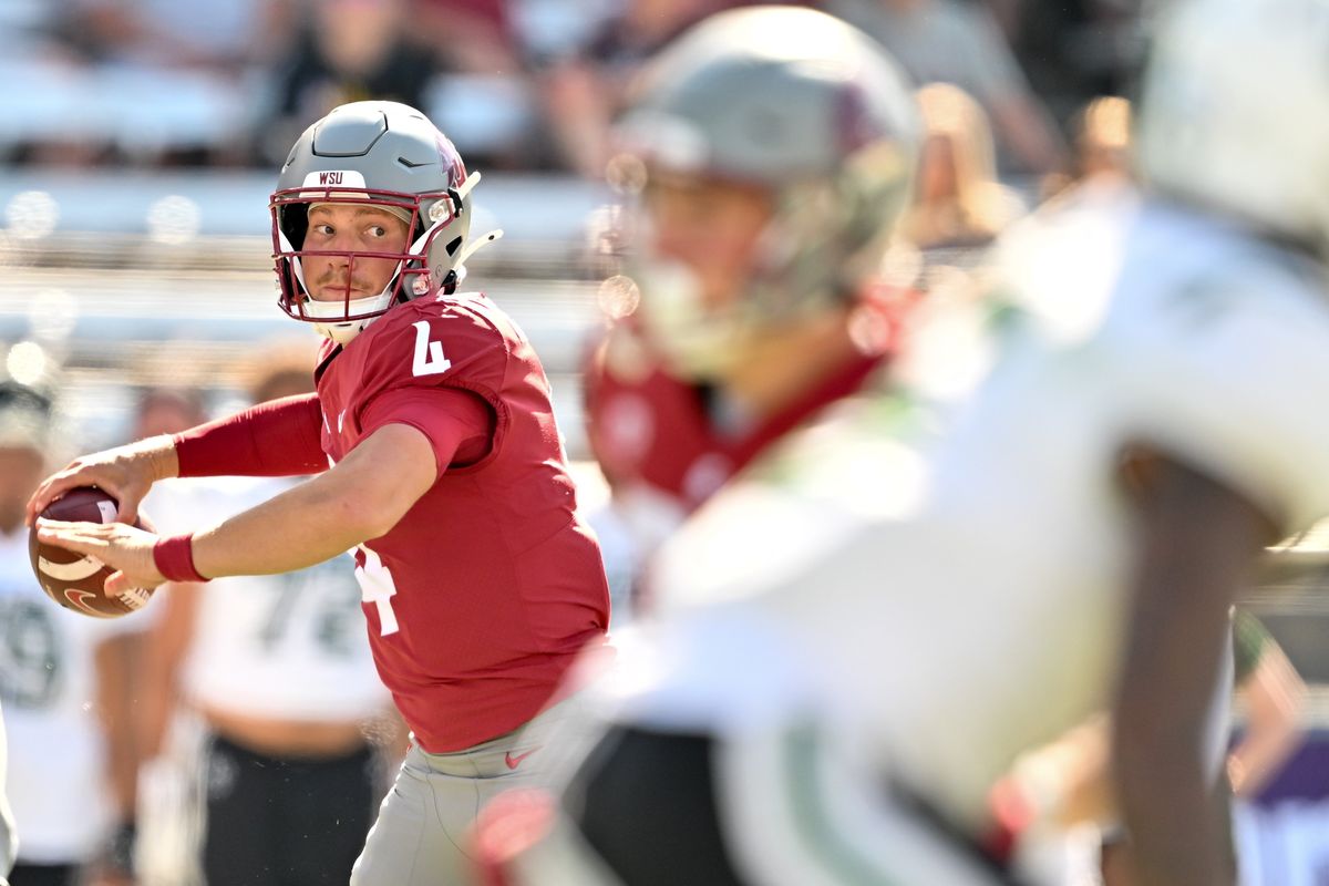 Washington State Cougars quarterback Zevi Eckhaus (4) throws the ball against the Portland State Vikings during the second half of a college football game on Saturday, Aug. 31, 2024, at Gesa Field in Pullman, Wash.  (Tyler Tjomsland/The Spokesman-Review)