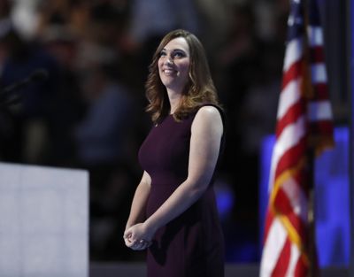 LGBT rights activist Sarah McBride takes the stage during the final day of the Democratic National Convention on July 28, 2016, in Philadelphia. Activist groups are turning to television ads to pressure the White House into allowing transgender people to keep serving in the military. McBride, Human Rights Campaign’s spokeswoman, said it’s a “critical window of time” to take the fight directly to the White House. (Paul Sancya / AP)