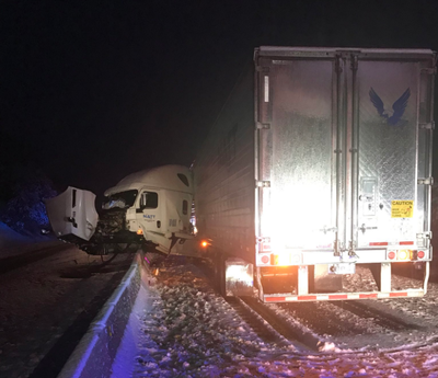 A semi truck crashed early Tuesday morning, blocking all lanes of Interstate 90 for about an hour. (Idaho State Police / Courtesy photo)