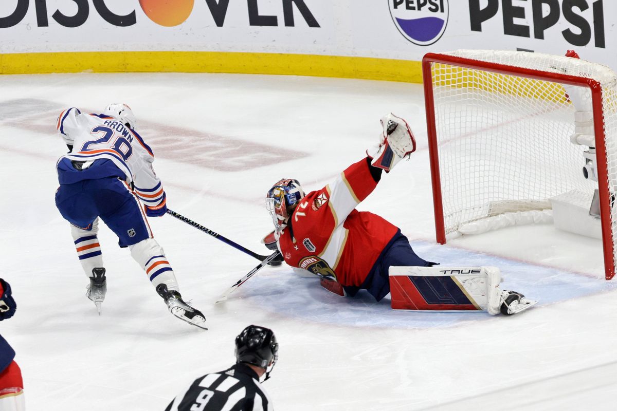 Florida Panthers goalie Sergei Bobrovsky is scored on by Edmonton Oilers right wing Connor Brown during the first period of Game 5 of the 2024 Stanley Cup Final at Amerant Bank Arena in Sunrise on Tuesday, June 18, 2024.  (Tribune News Service)