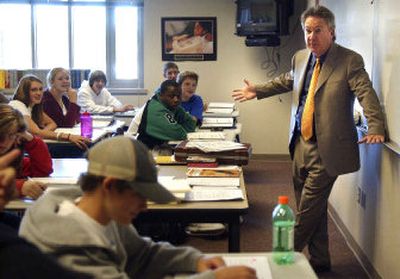 
Bruce Market discusses the WASL last September with the students in his sophomore English class at University High School in Spokane Valley.
 (Liz Kishimoto / The Spokesman-Review)