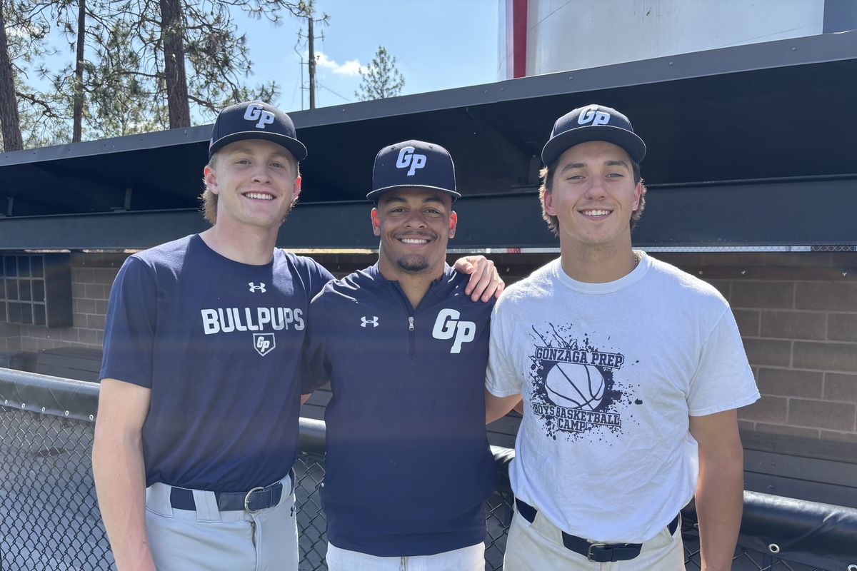 Gonzaga Prep senior baseball players Dylan Croall, Jonah Keller and Anthony Karis are photographed before practice at Whitworth University on Wednesday. (Dave Nichols)