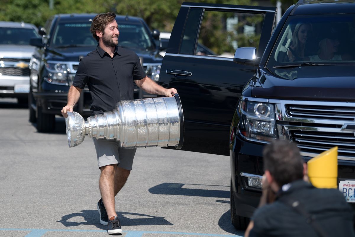 Tyler Johnson returns to Spokane on Thursday, July 29, 2021, with the Stanley Cup he won as a member of the Tampa Bay Lightning earlier this year at Spokane Memorial Arena in Spokane, Wash.  (Tyler Tjomsland/The Spokesman-Review)