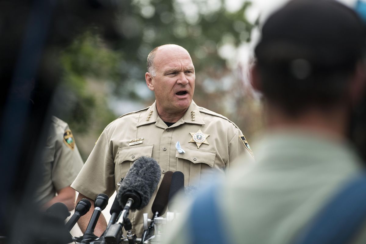 Spokane County Sheriff Ozzie Knezovich speaks candidly to the media about the shooting yesterday at Freeman High School, Thursday, Sept. 14, 2017, outside the Public Safety Building. (Colin Mulvany / The Spokesman-Review)