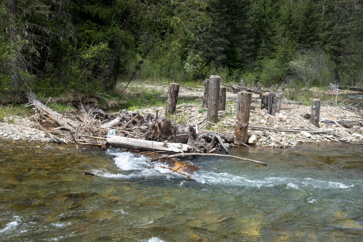 Prichard Creek flows past a manmade structure to help restore the creek Tuesday, May 13, 2025. (Michael Wright/THE SPOKESMAN-REVIEW)