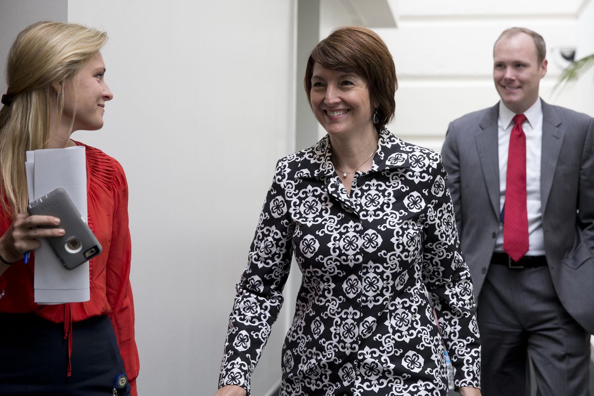 Rep. Cathy McMorris Rodgers, R-Wash., arrives for the House Republican Conference on Capitol Hill in Washington, Tuesday, Sept. 29, 2015. (Carolyn Kaster / Associated Press)
