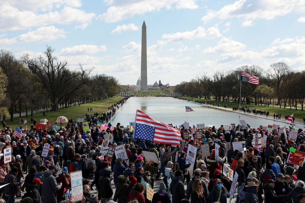 Demonstrators participate in a “No Kings” protest on Saturday in Washington, D.C., as part of nationwide demonstrations against President Donald Trump’s administration policies. (Reuters)