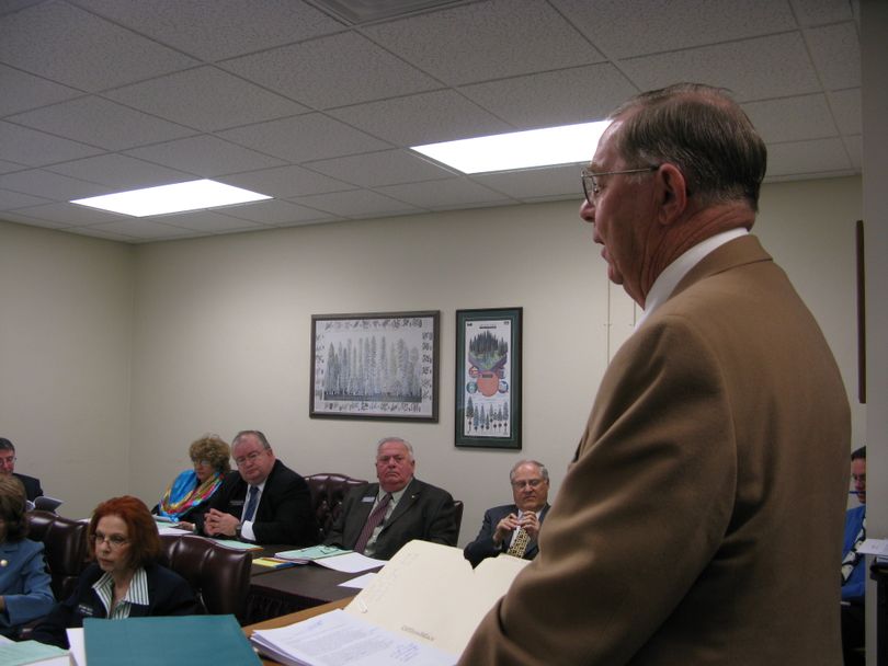 Rep. Dennis Lake, R-Blackfoot, urges a House committee to enact major legislation consolidating all of Idaho's elections to two specific May and November dates, plus two more in March and August for school bonds and levies. The intent is to increase voter turnout and eliminate voter confusion; currently, various jurisdictions and districts run their own elections, sometimes with different polling places voters must visit on the same day. (Betsy Russell / The Spokesman-Review)