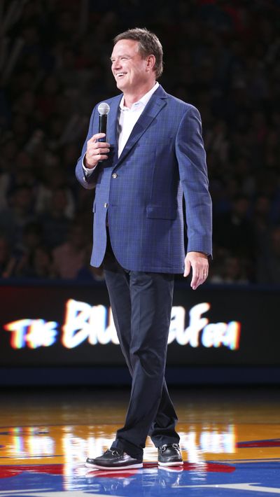 In this Friday, Oct. 4, 2019 photo, Kansas head coach Bill Self addresses the crowd during Late Night in the Phog, Kansas’ annual NCAA college basketball kickoff at Allen Fieldhouse in Lawrence, Kan. (Nick Krug / Lawrence Journal-World via AP)