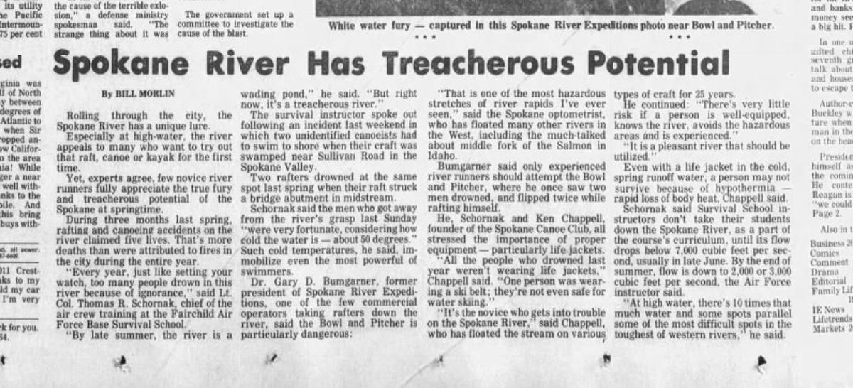 On this day in 1976, the Spokane River was dangerously flowing, with readers being cautioned against water activities.   (Spokane Daily Chronicle)