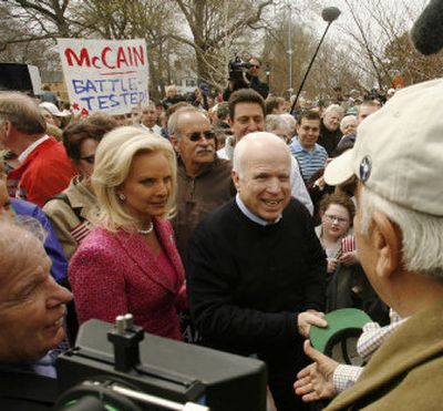 
Supporters reach out to shake hands with Sen. John McCain, R-Ariz., as his wife, Cindy McCain, looks on Wednesday in Portsmouth, N.H.
 (Associated Press / The Spokesman-Review)