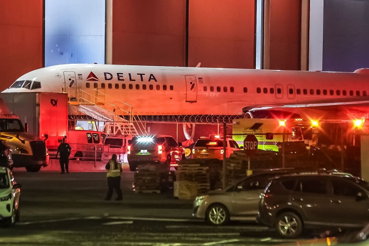 Emergency vehicles responded to the scene at a Delta facility near Hartsfield-Jackson International Airport on Tuesday, August 27, 2024.   (John Spink/The Atlanta Journal-Constitution/TNS)