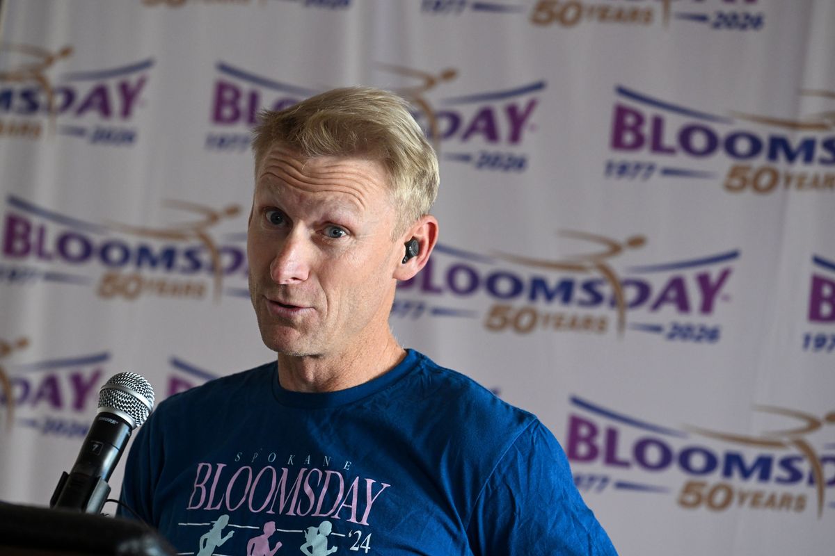 Andy LeFriec, elite coordinator for Bloomsday, talks about how travel costs have impacted the top international competitors that will show up for the 50th Bloomsday run Sunday, May 3, 2026 in Spokane, Washington. Photographed during the pre-race elite athlete press conference Thursday, April 30, 2026 at the Davenport Grand Hotel.  (Jesse Tinsley/THE SPOKESMAN-REVI)