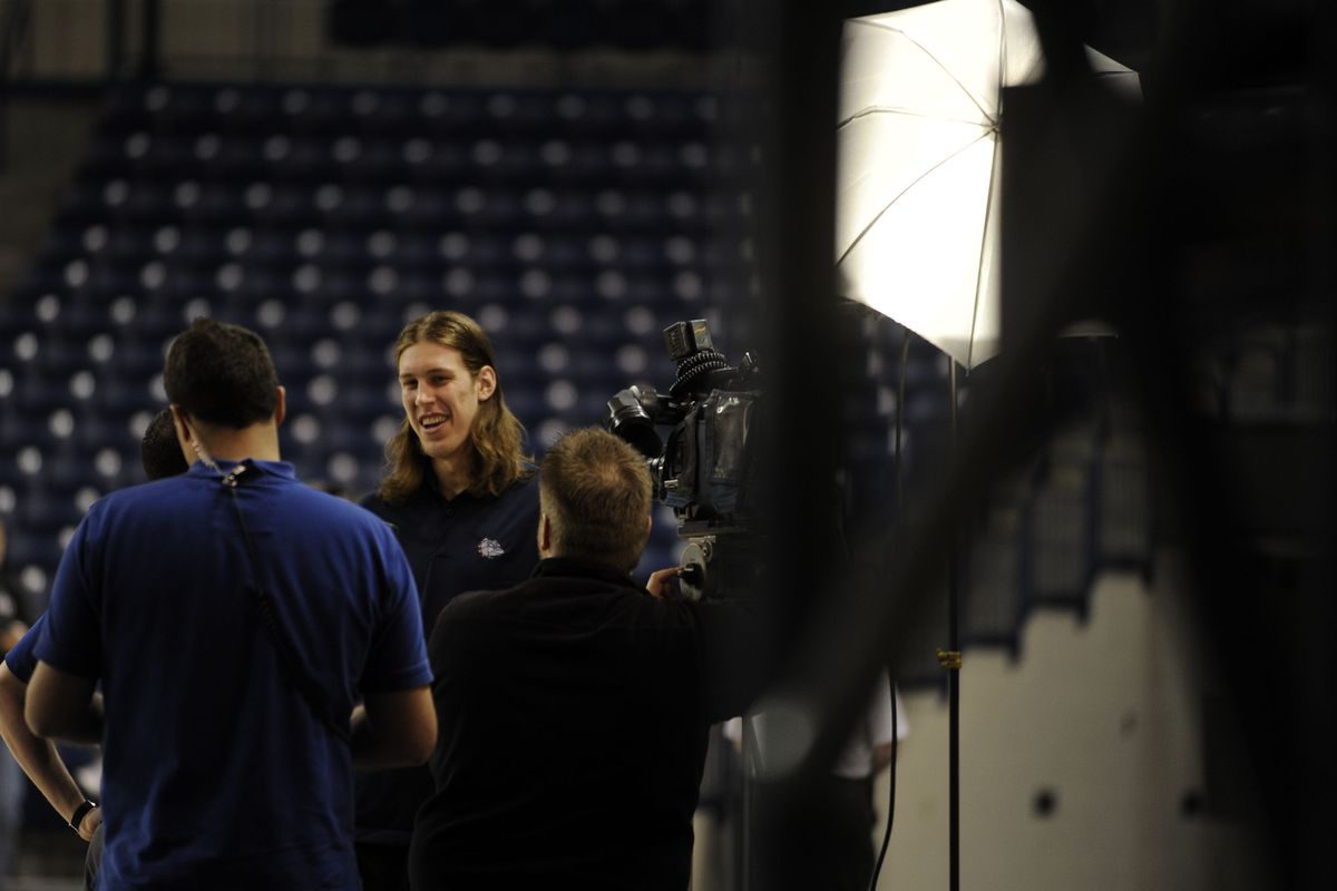 GU’s Kelly Olynyk is interviewed at the McCarthey Athletic Center after the team found out it had earned the program’s first No. 1 seed. (Kathy Plonka)