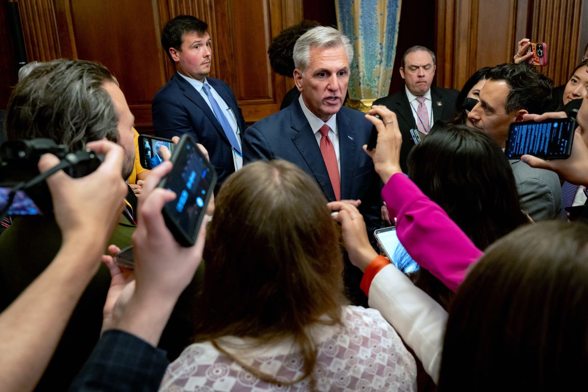 House Speaker Kevin McCarthy, R-Calif., speaks to reporters on Capitol Hill in Washington on July 27, 2023. McCarthy intends to endorse an impeachment inquiry into President Joe Biden this week when he speaks to House Republicans, according to two people familiar with his plans.   (DESIREE RIOS/New York Times)