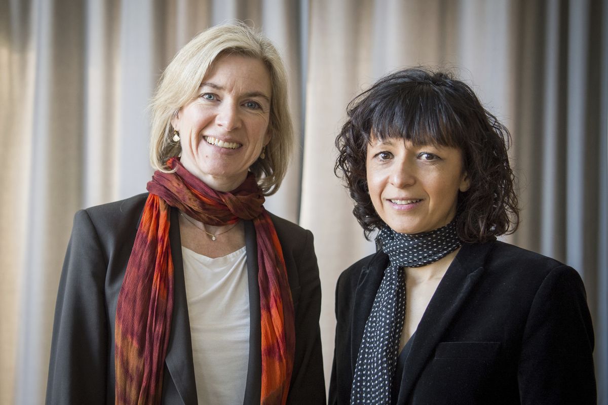 FILE -- In this March 14, 2016 file photo American biochemist Jennifer A. Doudna, left, and the French microbiologist Emmanuelle Charpentier, right, poses for a photo in Frankfurt, Germany. French scientist Emmanuelle Charpentier and American Jennifer A. Doudna have won the Nobel Prize 2020 in chemistry for developing a method of genome editing likened to ‘molecular scissors’ that offer the promise of one day curing genetic diseases.  (Alexander Heinl)
