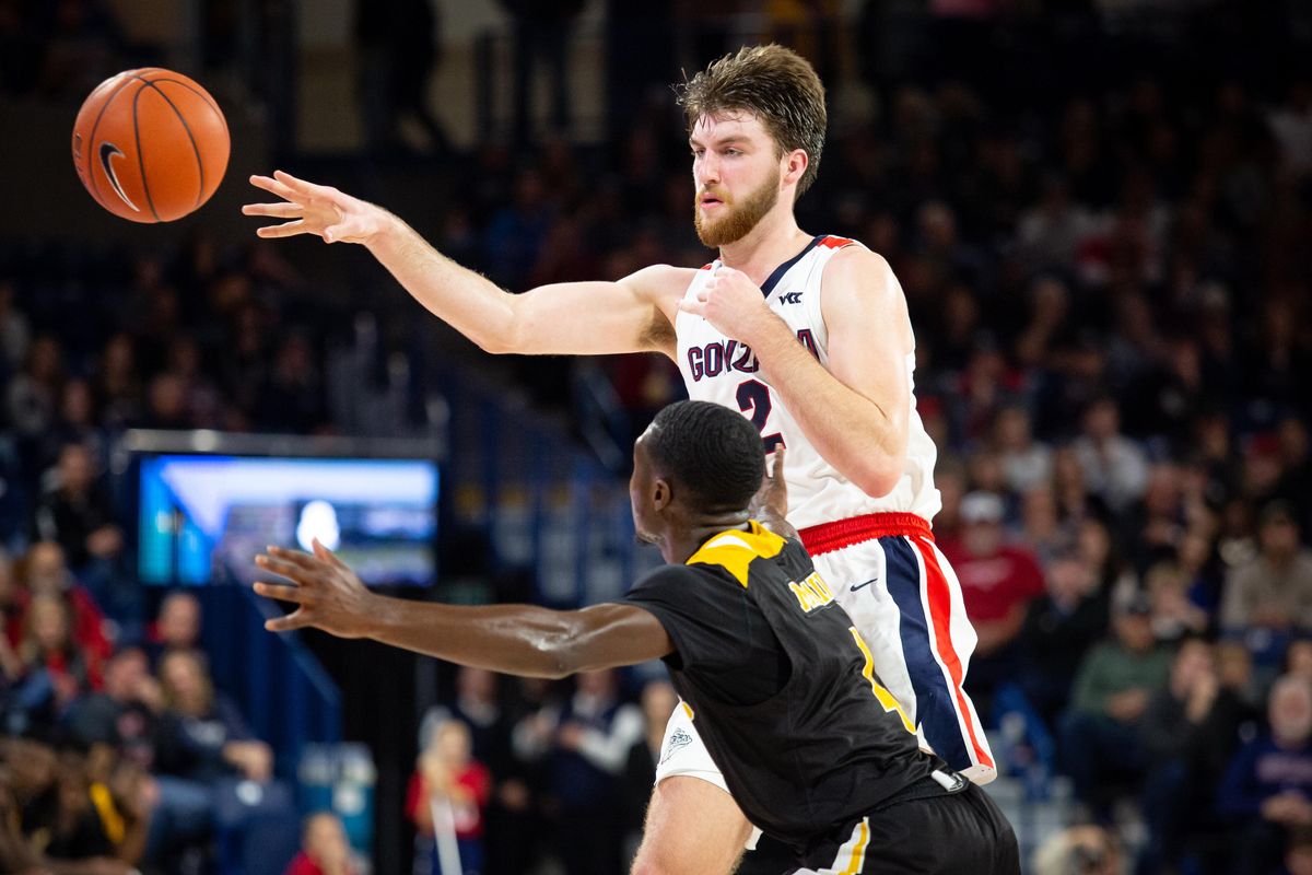 Forward Drew Timme (2) of Gonzaga University passes the ball in a game against Arkansas Pine-Bluff on Nov. 9, 2019 at the McCarthey Athletic Center in Spokane, Wash. The Zags won 110-60. (Libby Kamrowski / The Spokesman-Review)