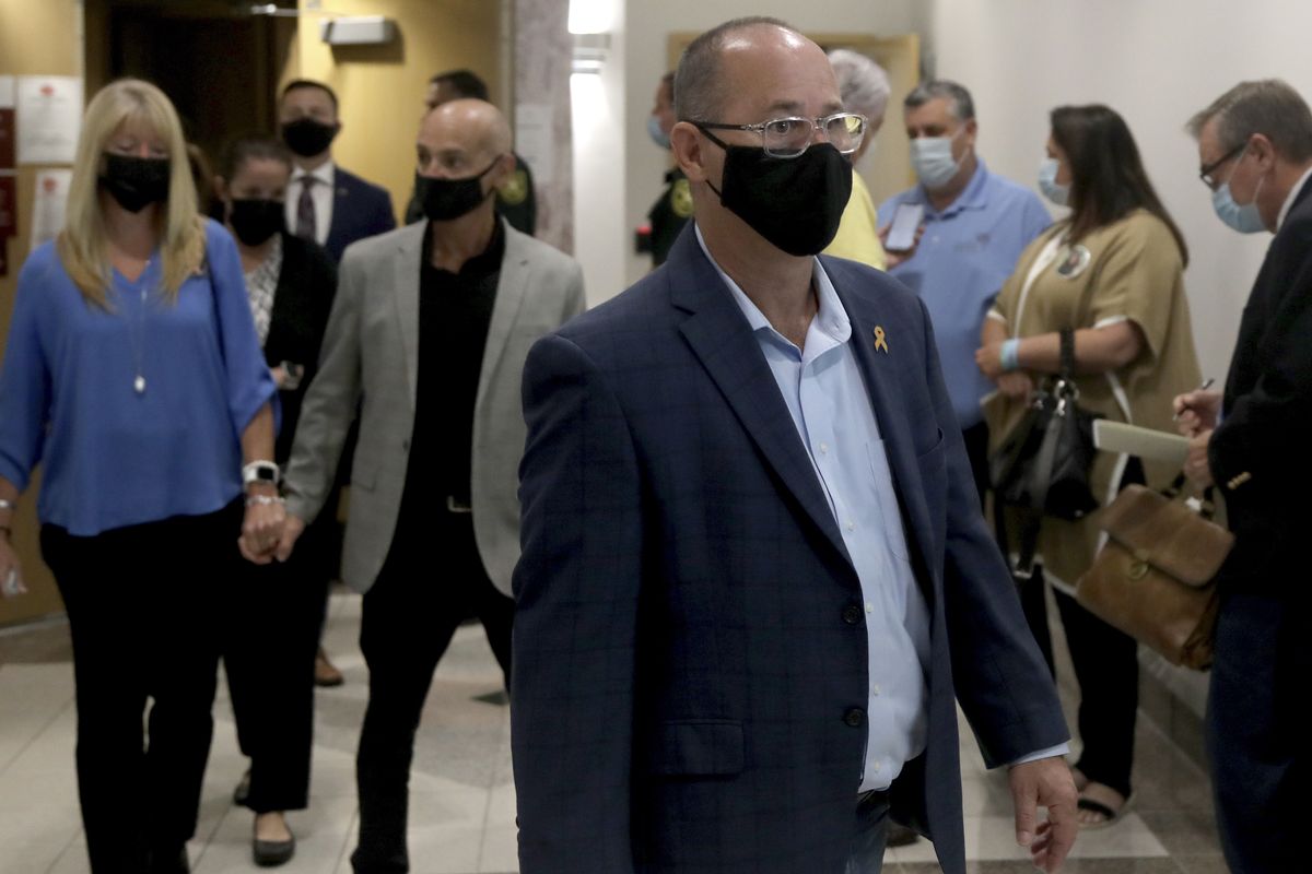 Fred Guttenberg, the father of slain student Jaime Guttenberg leaves the courtroom at the Broward County Courthouse in Fort Lauderdale, Fla., Wednesday, Oct. 20, 2021, after Marjory Stoneman Douglas High School shooter Nikolas Cruz pleaded guilty to murder in the 2018 massacre that left 17 dead at a Parkland, Fla., high school. Guttenberg is joining the top ranks of a progressive anti-gun group to promote like-minded political candidates around the country ahead of next year’s midterm elections. He will be a senior adviser to Brady PAC. (Mike Stocker/South Florida Sun Sentinel via AP, Pool  (Mike Stocker)