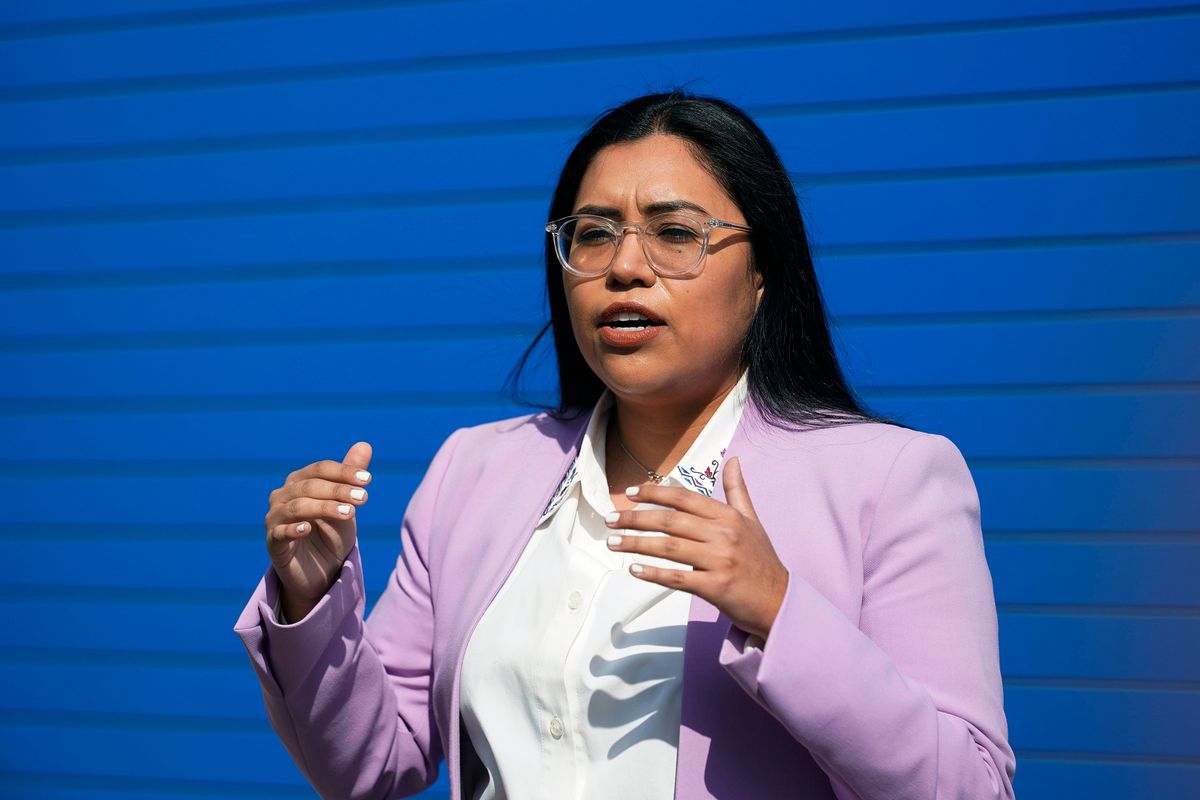 FILE - Democratic Congressional candidate Jessica Cisneros speaks to the media on Feb. 12, 2022, in San Antonio. A Texas primary runoff between U.S. Rep. Henry Cuellar, one of the last anti-abortion Democrats in Congress, and progressive challenger Jessica Cisneros has become one of the nation's first tests in the 2022 midterm elections of how much abortion rights will energize voters.  (Eric Gay)