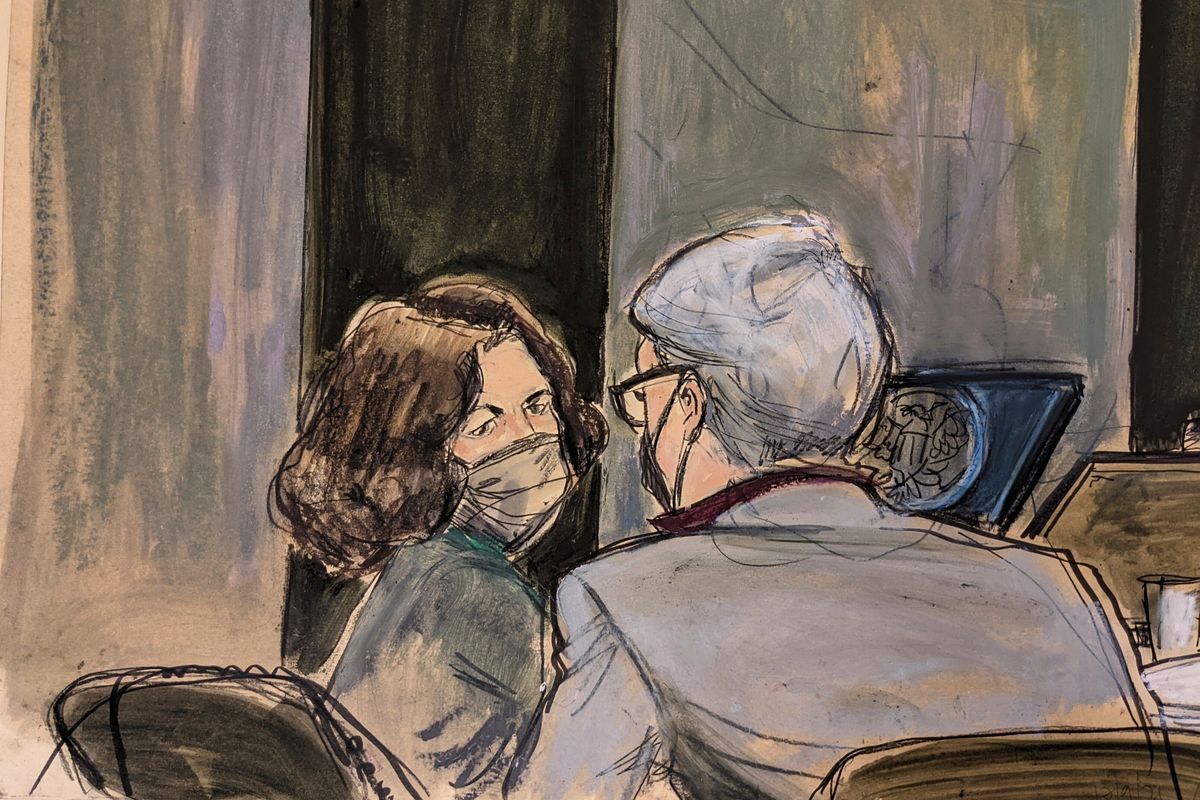 This courtroom sketch shows Ghislaine Maxwell, left, conferring with her defense attorney Bobbi Sternheim before the start of her sex abuse trial today, Thursday Dec. 9, 2021, in New York.  (Elizabeth Williams)