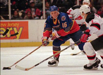 
Brett Hull, shown playing for St. Louis against New Jersey in 1997, scored 741 goals in 20 NHL seasons. 
 (Associated Press / The Spokesman-Review)
