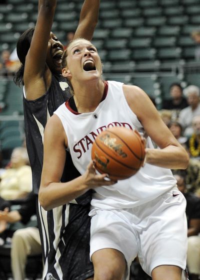 Stanford’s Jayne Appel drives past Purdue’s Danielle Campbell on her way to 26 points.  (Associated Press / The Spokesman-Review)