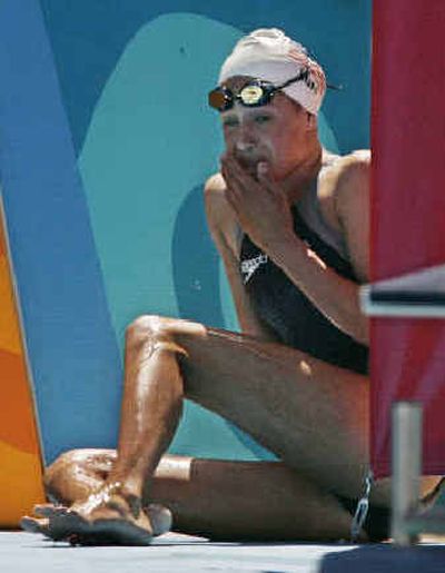 
Katie Hoff, of the U.S., reacts after a qualifying heat for the 400 meter Individual Medley. 
 (Associated Press / The Spokesman-Review)