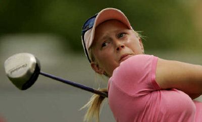 Amateur and co-leader Morgan Pressel tees off on the 10th hole during the third round.
(Associated Press / The Spokesman-Review)