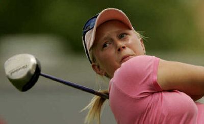 
Amateur and co-leader Morgan Pressel tees off on the 10th hole during the third round. 
 (Associated Press / The Spokesman-Review)