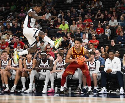 Gonzaga guard Khalif Battle tries to keep USC forward Terrance Williams II from inbounding the ball late in the second half Saturday during an exhibition game at the Acrisure Arena in Palm Desert, Calif.  (Colin Mulvany / The Spokesman-Review)