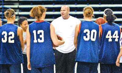 Gonzaga women's basketball coach Kelly Graves gives his team a pep talk during practice as they prepare for their first NCAA tournament appearance.
 (Colin Mulvany / The Spokesman-Review)