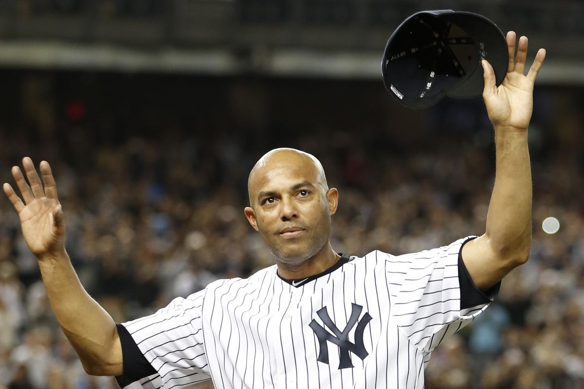 In this Sept. 26, 2013,  photo, New York Yankees relief pitcher Mariano Rivera acknowledges the crowd’s standing ovation after coming off the mound in the ninth inning of his final appearance in a baseball game, at Yankee Stadium in New York. Rivera became baseball’s first unanimous Hall of Fame selection on Tuesday, Jan. 22, 2019. (Kathy Willens / Associated Press)