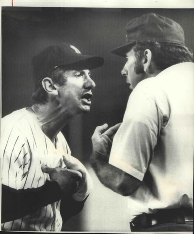 New York Yankee manager Billy Martin and umpire Bill Deegan have a short discussion during seventh inning of an Aug. 20, 1976, game between New York and Texas at Yankee Stadium. The umpire had ruled a ground rule double when Martin “saw” a foul ball. Needless to say, the umpire’s opinion prevailed over the manager’s insistence. (Associated Press)