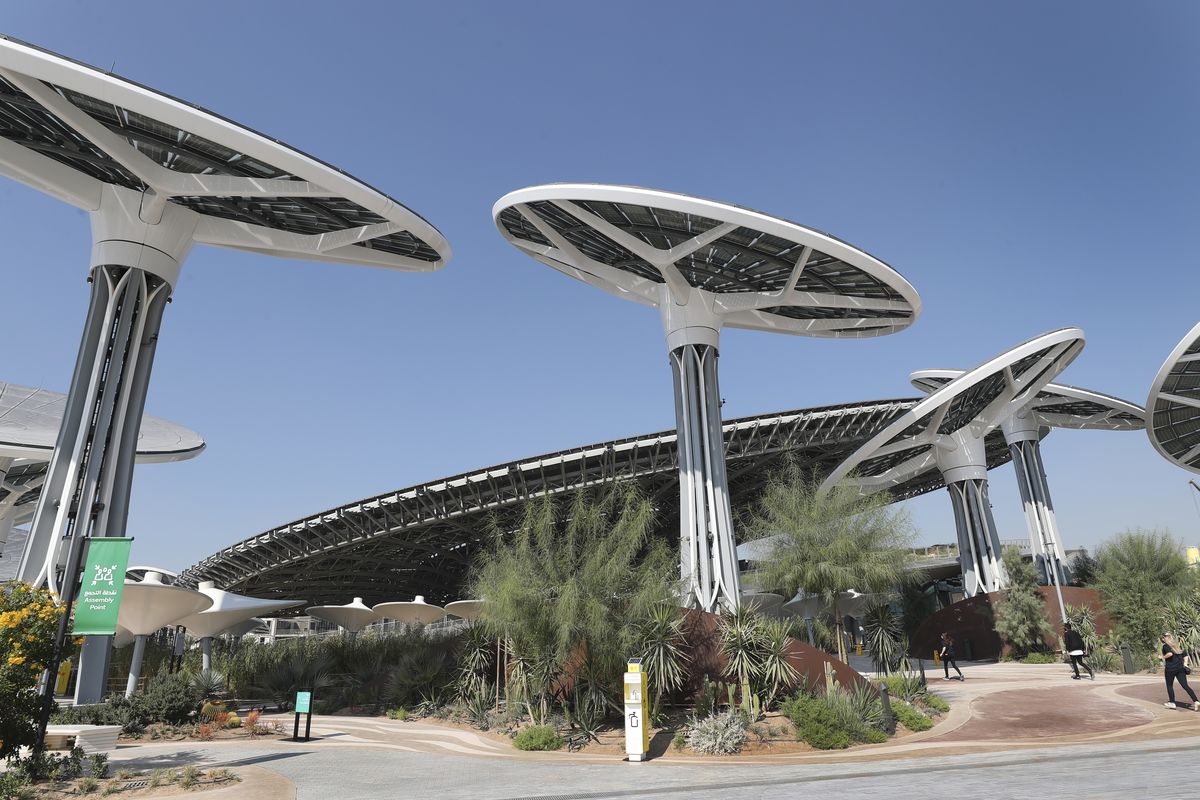 Journalists arrive to visit the Terra Pavilion during a media tour Saturday at the Dubai World Expo site in Dubai, United Arab Emirates. (Kamran Jebreili)