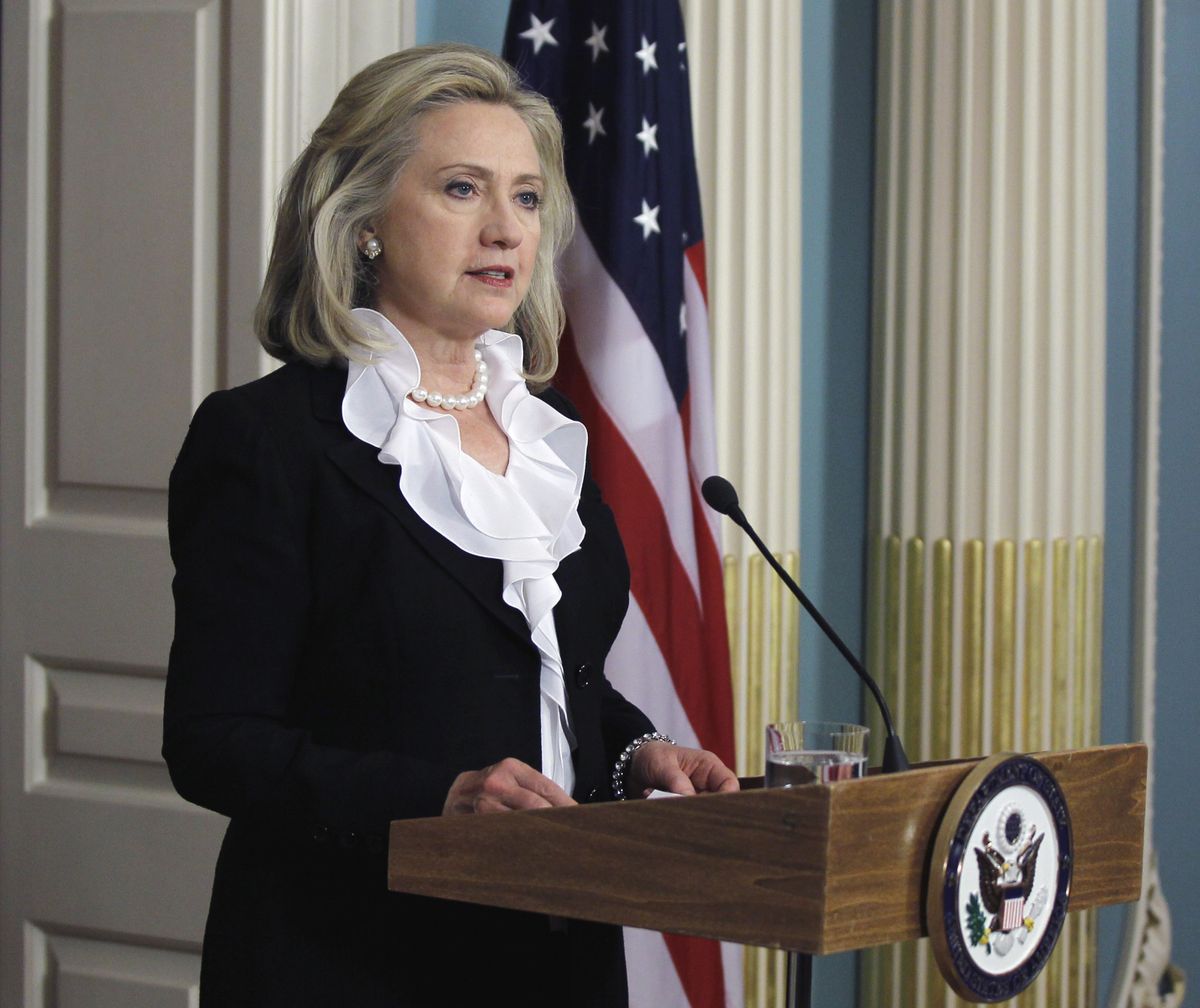 Secretary of State Hillary Rodham Clinton makes a statement about Syria on Thursday at the State Department in Washington. (Associated Press)