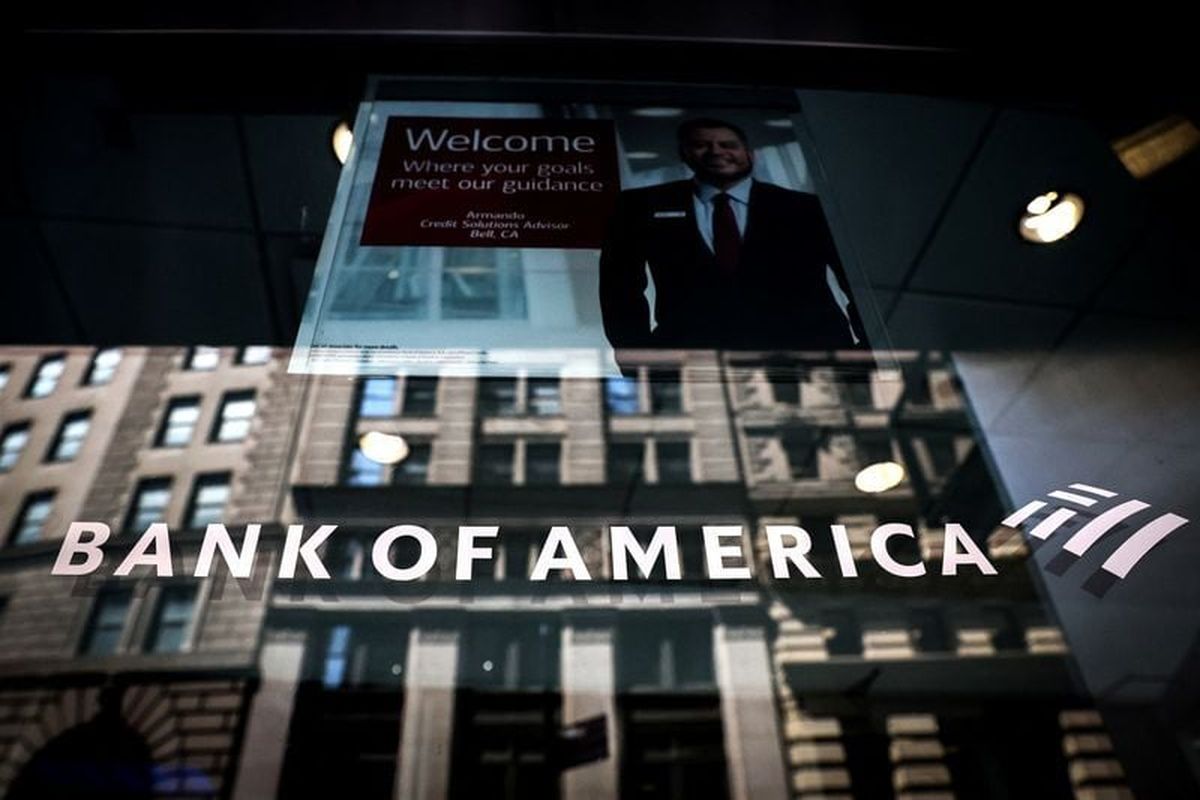 A Bank of America logo is seen on the entrance to a Bank of America financial center on July 11, 2023 in New York City.  (Brendan McDermid/Reuters)