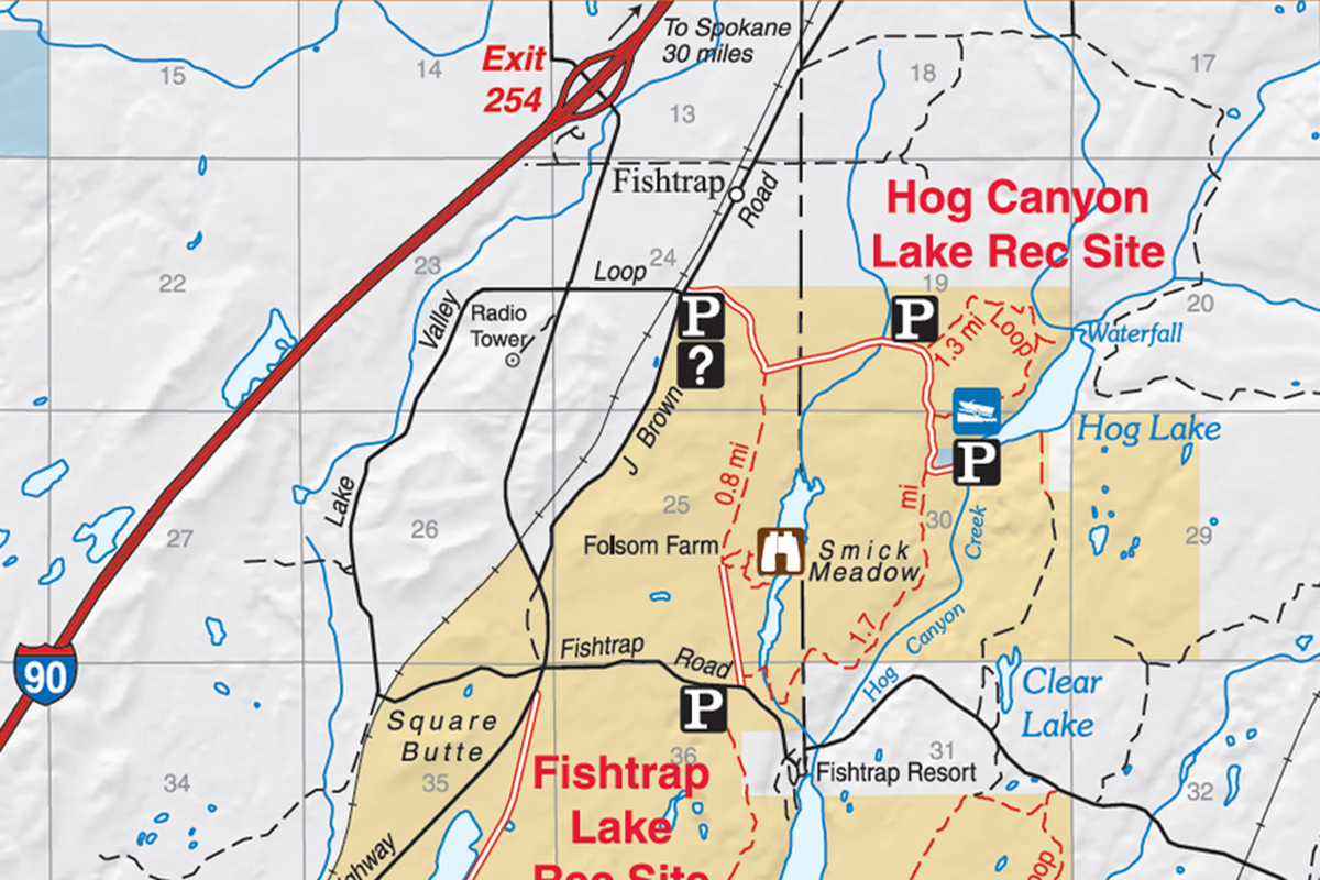 Map shows BLM lands and trails near Hog Canyon Lake near Sprague, Wash. Waterfall at north end of the lake is on private land. (U.S. Bureau of Land Management)