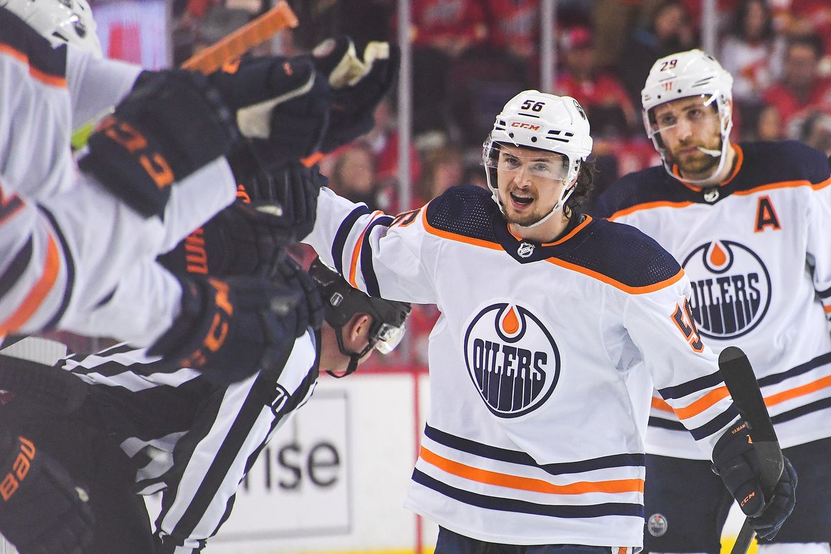  Kailer Yamamoto #56 of the Edmonton Oilers celebrates with the bench after scoring against the Calgary Flames during the third period of Game One of the Second Round of the 2022 Stanley Cup Playoffs at Scotiabank Saddledome on May 18, 2022 in Calgary, Alberta, Canada.   (Getty Images)