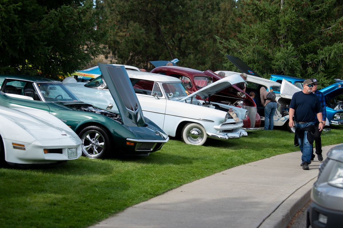 An array of vintage and performance cars are lined up outside Centerplace at Valleyfest 2019, Saturday, Sept. 21, 2019, in Spokane Valley. Valleyfest events were spread out around Mirabeau Park and Centerplace event center.  (Jesse Tinsley/The Spokesman-Review)