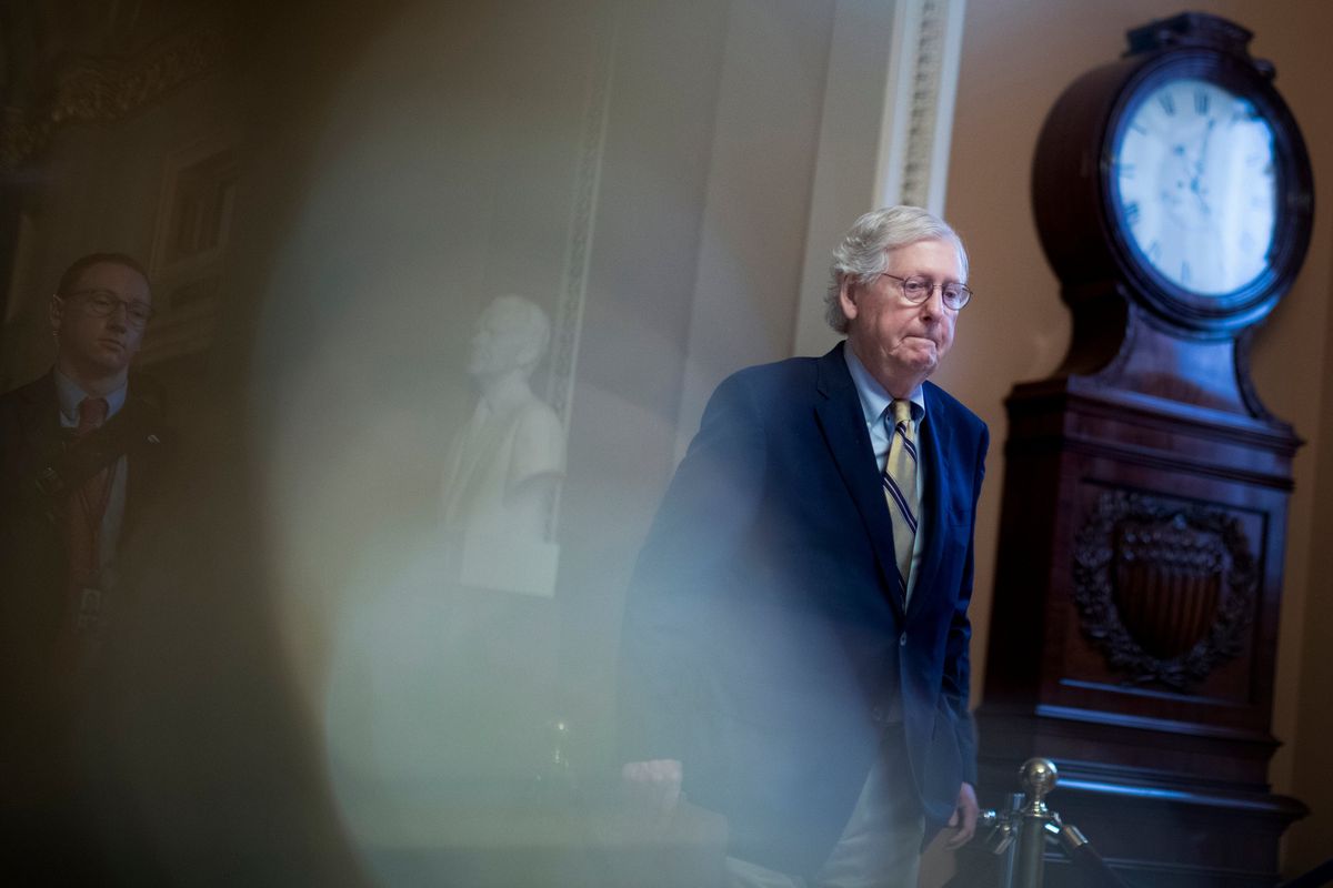 Senate Minority Leader Mitch McConnell (R-Ky.) walks into the senate chamber on Capitol Hill in Washington on Aug. 6, 2022. (Tom Brenner/The New York Times)  (TOM BRENNER)