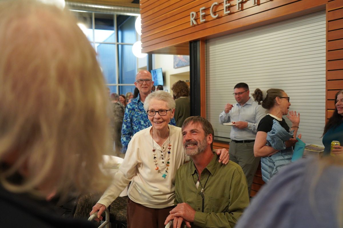Derek Sheffield poses for a photo with Gloria Piper Roberson, his oldest creative writing student at 92. (Courtesy)